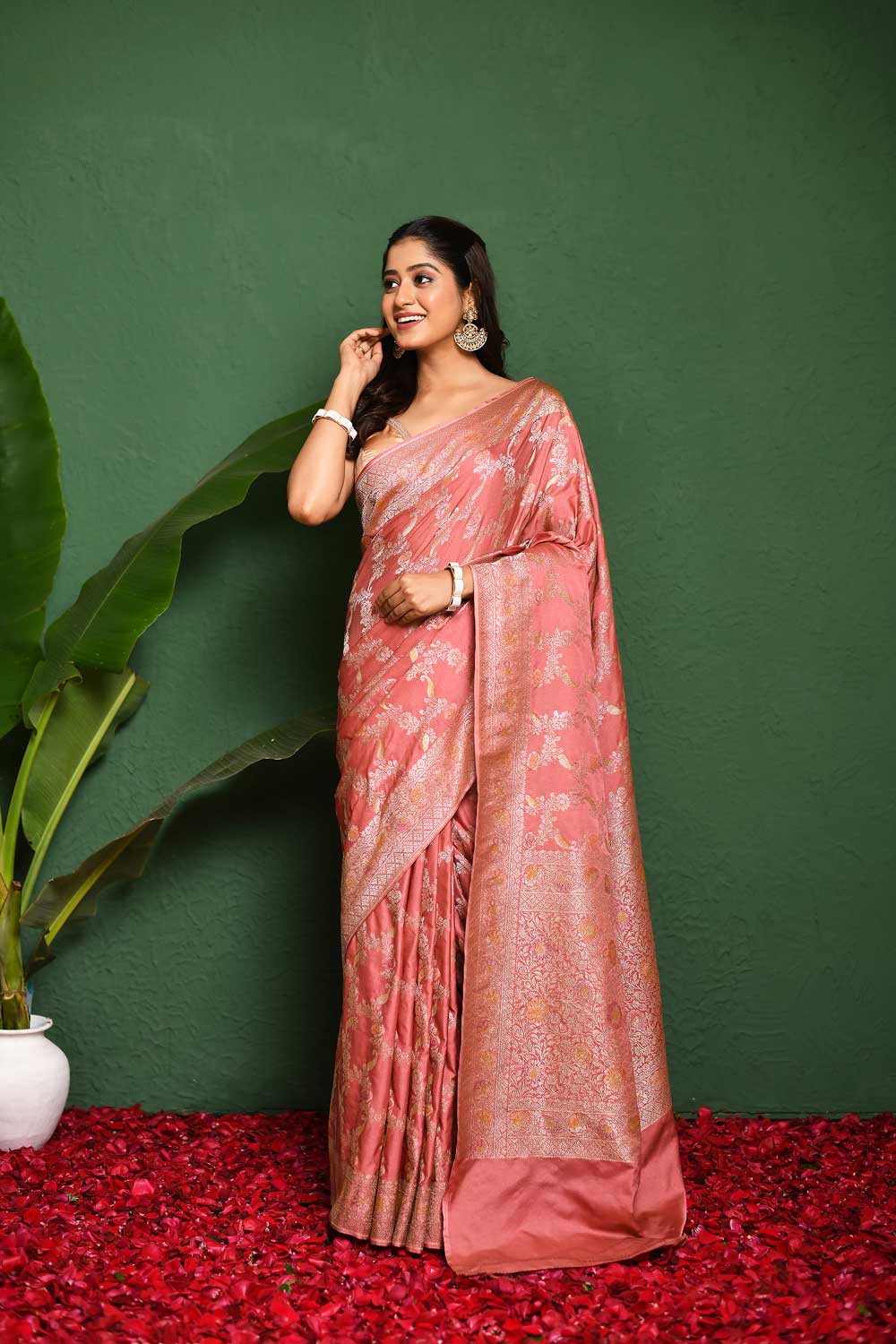 Rosegold Pink Mushru Satin Banarasi Handloom Saree With Meenkari Jaal And Border Rosegold Pink Mushru Satin Banarasi Handloom Saree With Meenkari Jaal And Border