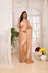 Fawn/ Tussar- Mushru Satin Banarasi Handloom Saree With Handwoven Bootas And Border In Silver Zari
