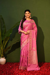Lilac Mushru Satin Banarasi Handloom Saree With Meenakari Booti And Border