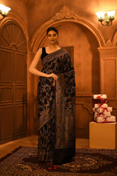 Black Mushru Satin Banarasi Handloom Saree With Meenakari Jaal And Border