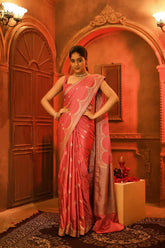 Pink Mushru Satin Banarasi Handloom Saree With Scalloped Border