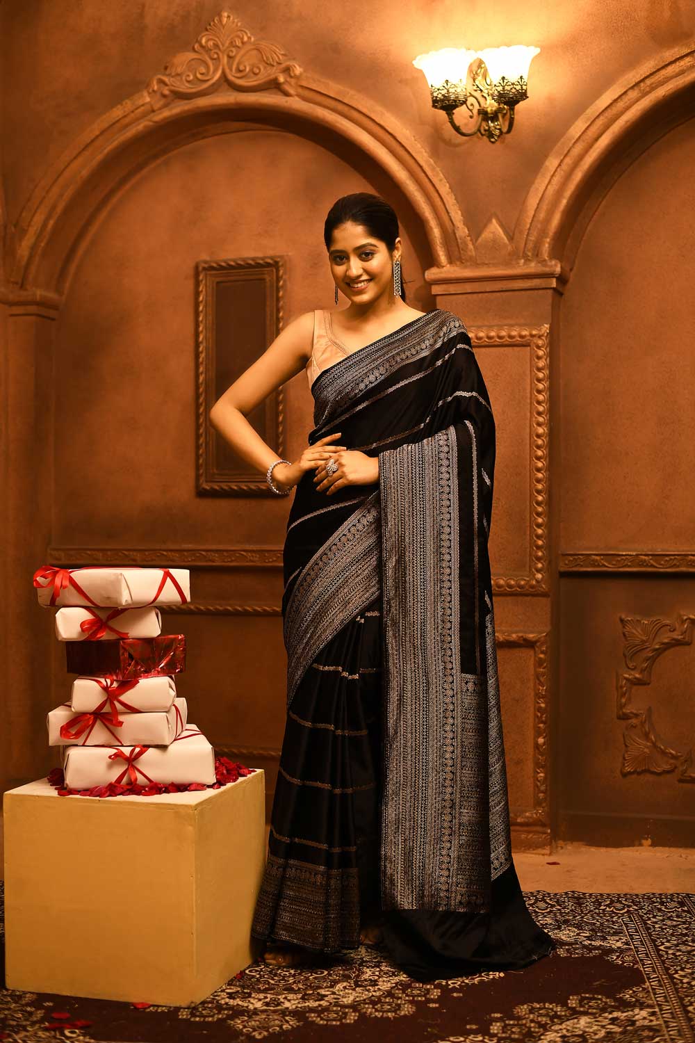 Black Mushru Satin Banarasi Handloom Saree With Modern Contemporary Stripe Patterned Design Black Mushru Satin Banarasi Handloom Saree With Modern Contemporary Stripe Patterned Design