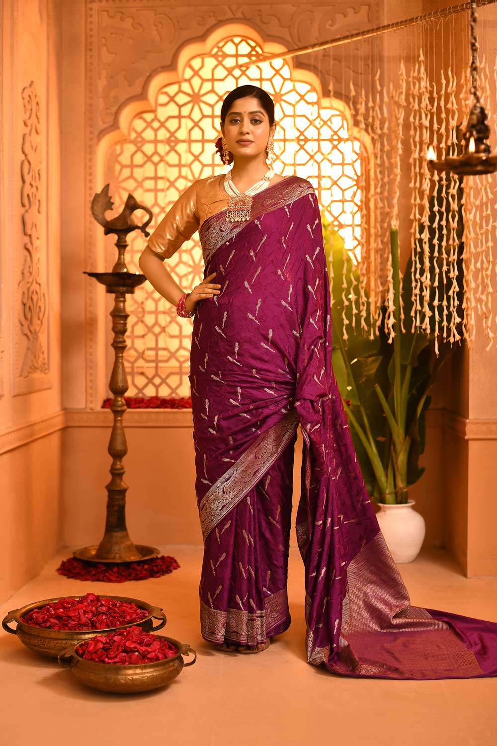 Plum 'Shikargah' Mushru Satin Banarasi Handloom Saree Plum 'Shikargah' Mushru Satin Banarasi Handloom Saree