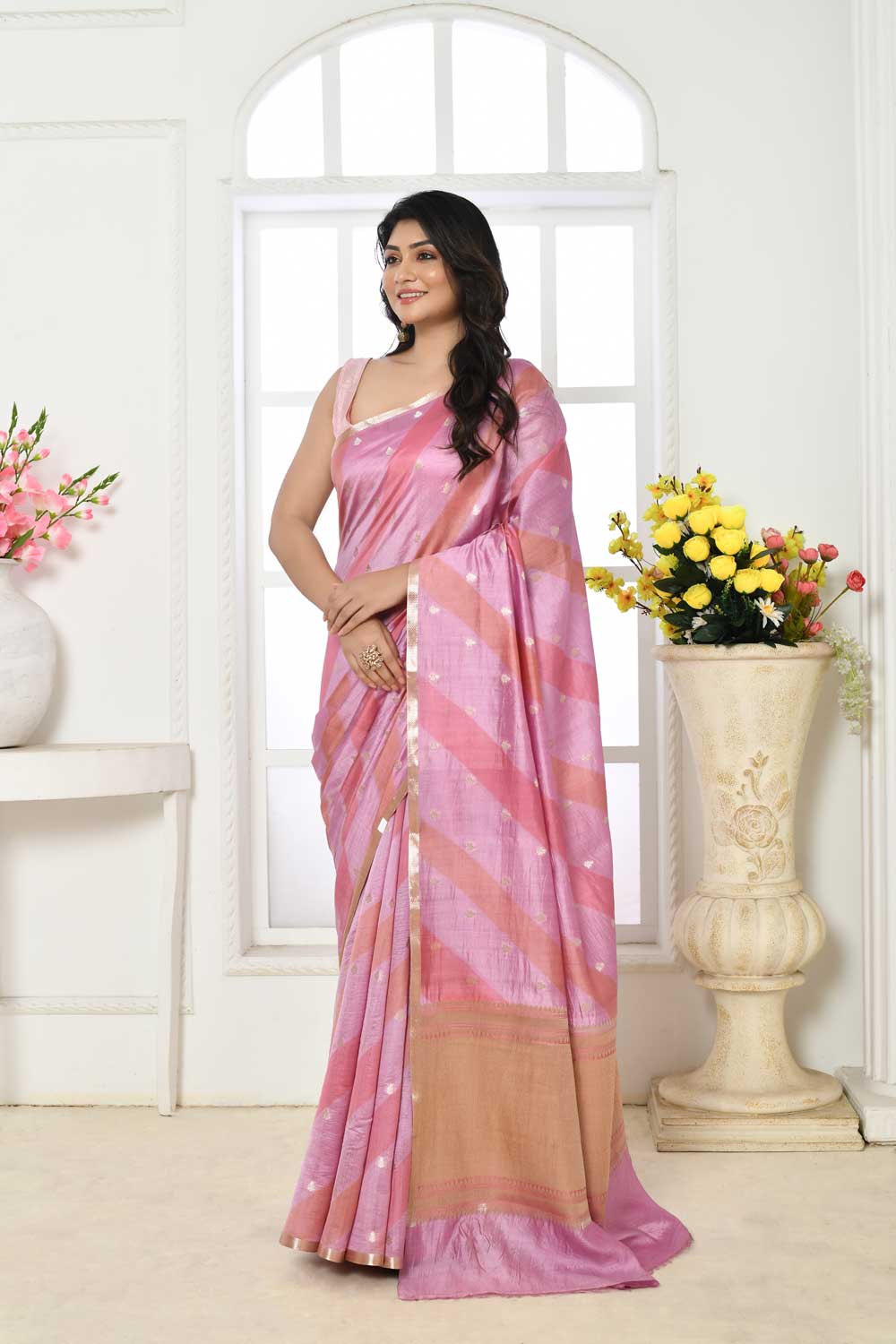 Pink  Pure Katan Chiniya Silk Banarasi Handloom Saree With Rangkat Aada Body And Sleak Gold Zari Border Pink  Pure Katan Chiniya Silk Banarasi Handloom Saree With Rangkat Aada Body And Sleak Gold Zari Border