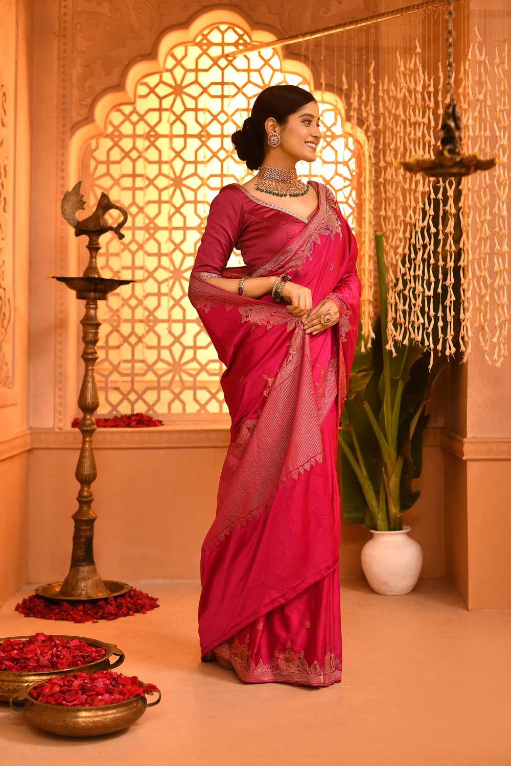Fuchsia Pink Mushru Satin Banarasi Saree With Meenakari Border Fuchsia Pink Mushru Satin Banarasi Saree With Meenakari Border