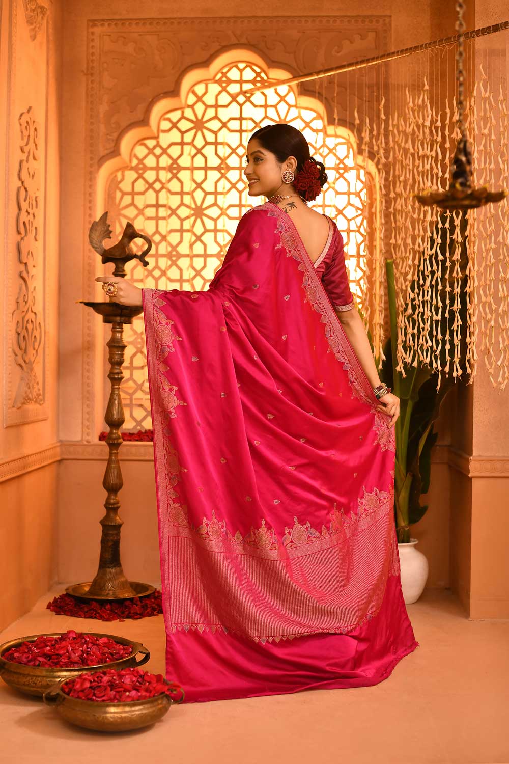 Fuchsia Pink Mushru Satin Saree With Meenakari Border Fuchsia Pink Mushru Satin Saree With Meenakari Border