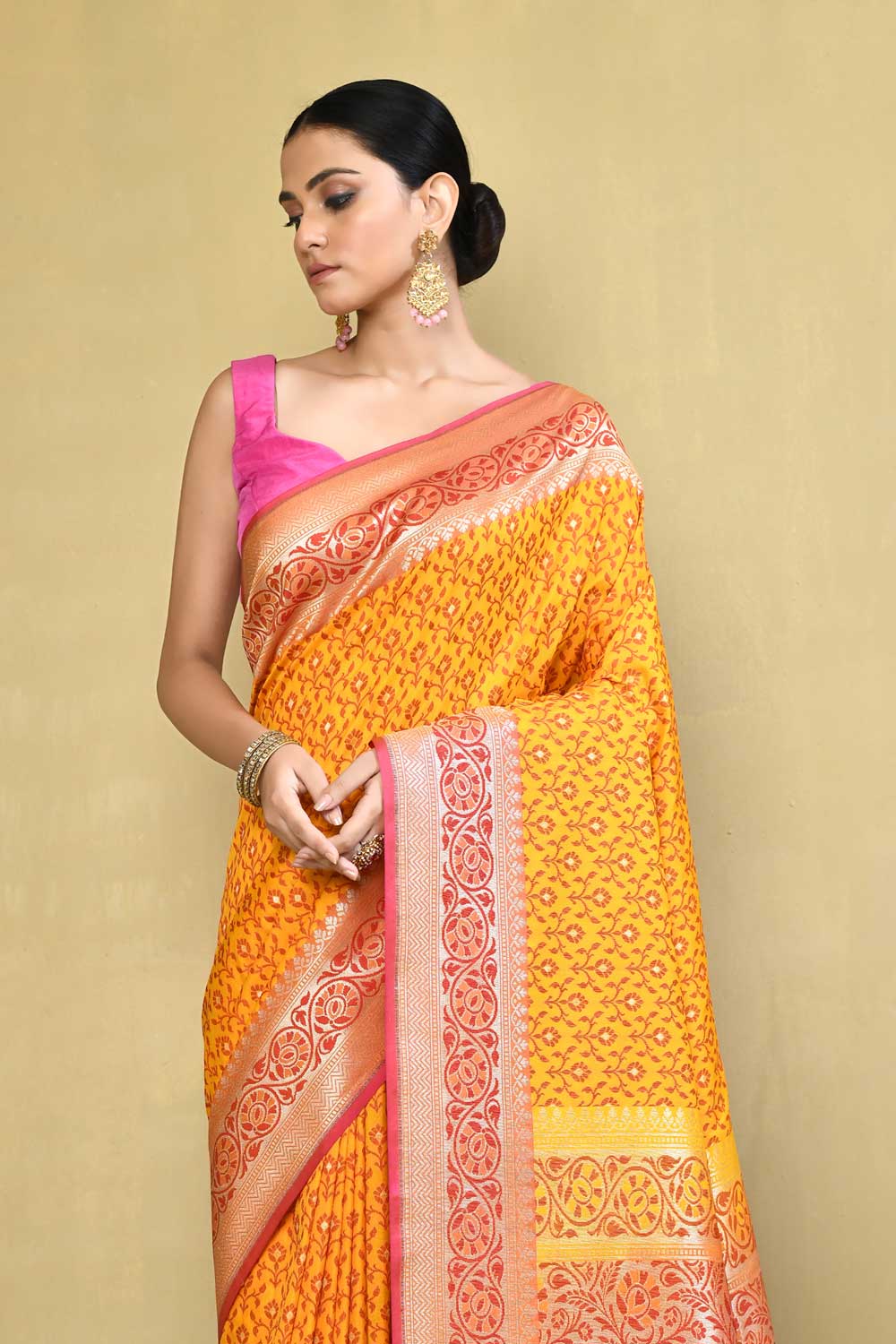 Mustard and Peach Pink Handloom Reshmi Tanchoi Banarasi Saree With Handwoven  Border Mustard and Peach Pink Handloom Reshmi Tanchoi Banarasi Saree With Handwoven  Border