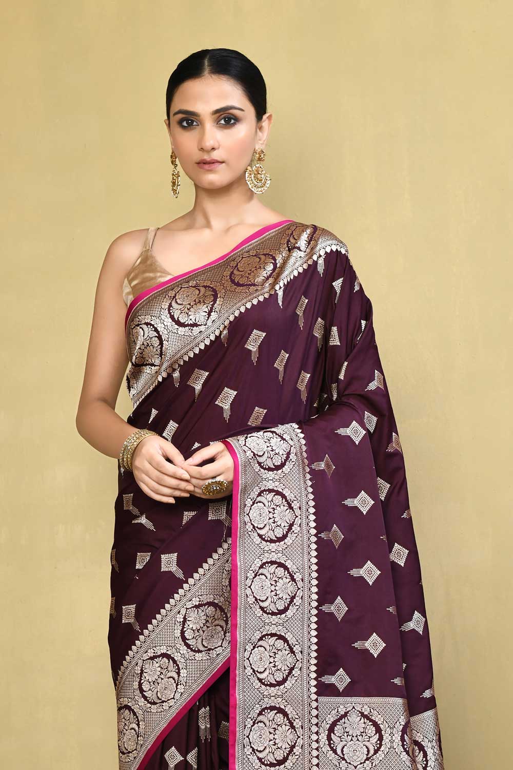 Wine Banarasi Handloom Saree With Handwoven Border Wine Banarasi Handloom Saree With Handwoven Border