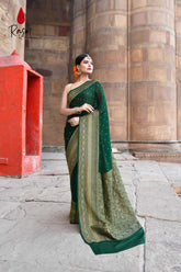 Bottle Green Pure Khaddi Georgette Silk Banarasi Handloom Saree With Blouse