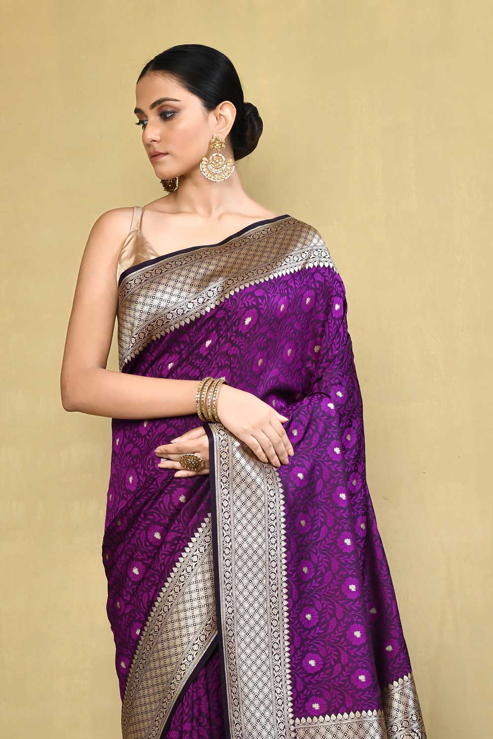 Plum Handloom Reshmi Tanchoi Banarasi Saree With Handwoven  Border Plum Handloom Reshmi Tanchoi Banarasi Saree With Handwoven  Border