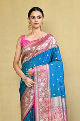 Blue And Pink Banarasi Handloom Saree With Contrast Border