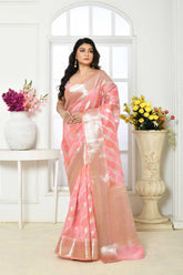 Banarsi kora organza Handloom Silk Saree With Silver Zari Aada Striped Body And Border