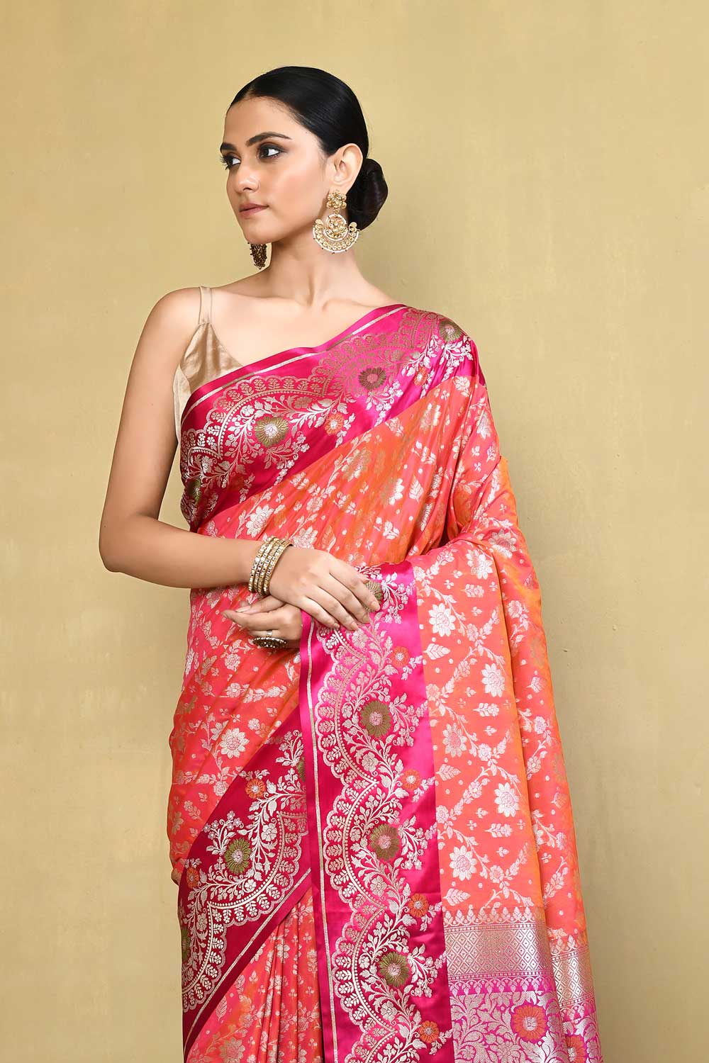 Orange- Peach Pink Banarasi Handloom saree with Contrast Meenakari Border Orange- Peach Pink Banarasi Handloom saree with Contrast Meenakari Border
