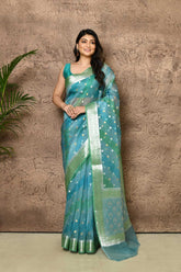 Rangkat Ocean Blue Pure Kora Organza Banarasi Handloom Silk Saree With Roopa Sona Booti