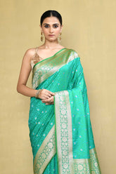 Sea Green Handloom Reshmi Tanchoi Banarasi Saree With Handwoven Border