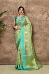 Green-Blue Pure Kora Organza Banarasi Handloom Silk Saree
