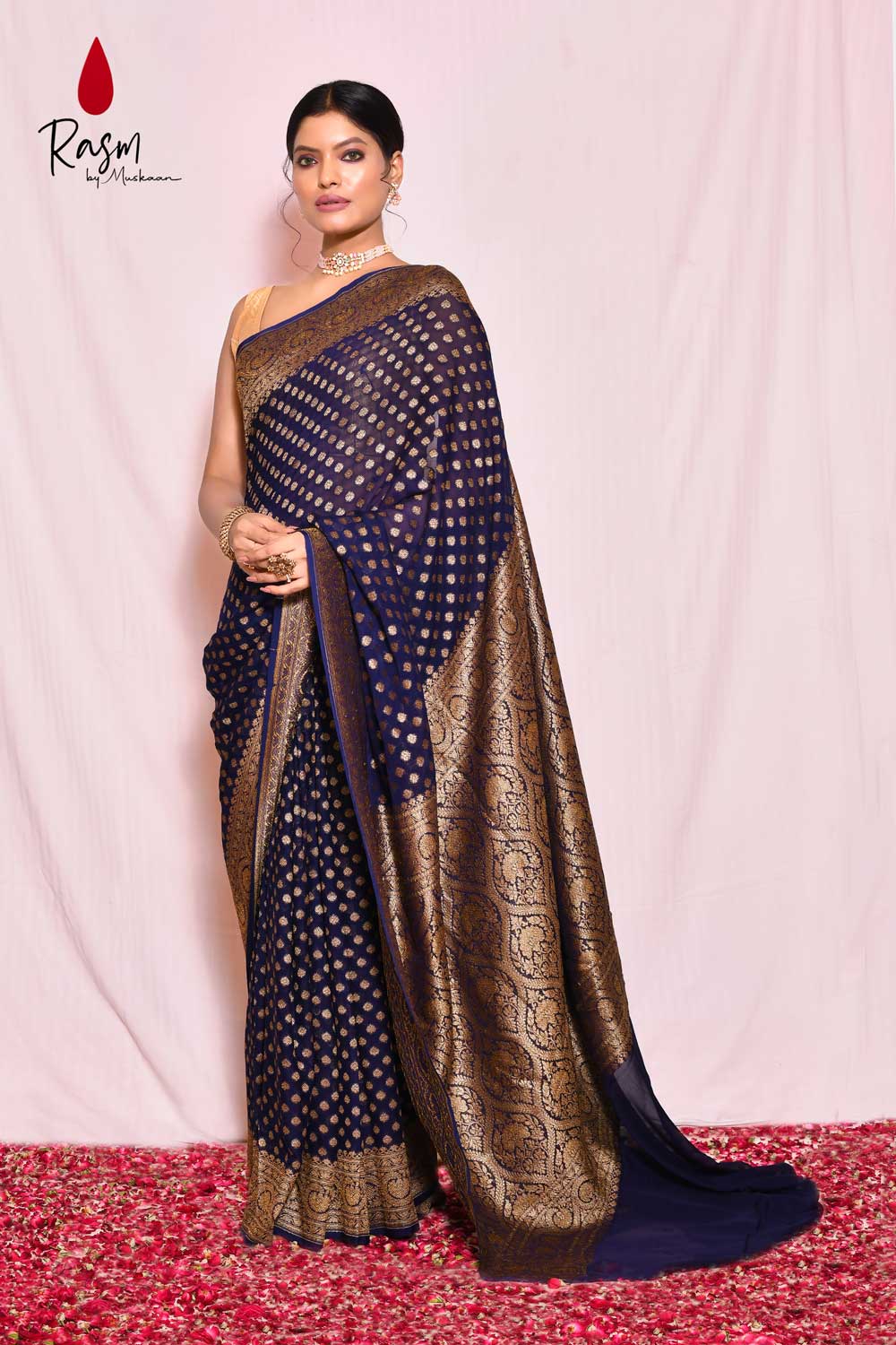 Navy Blue Pure Khaddi Georgette Silk Banarasi Handloom Saree With Antique Zari Booti Navy Blue Pure Khaddi Georgette Silk Banarasi Handloom Saree With Antique Zari Booti