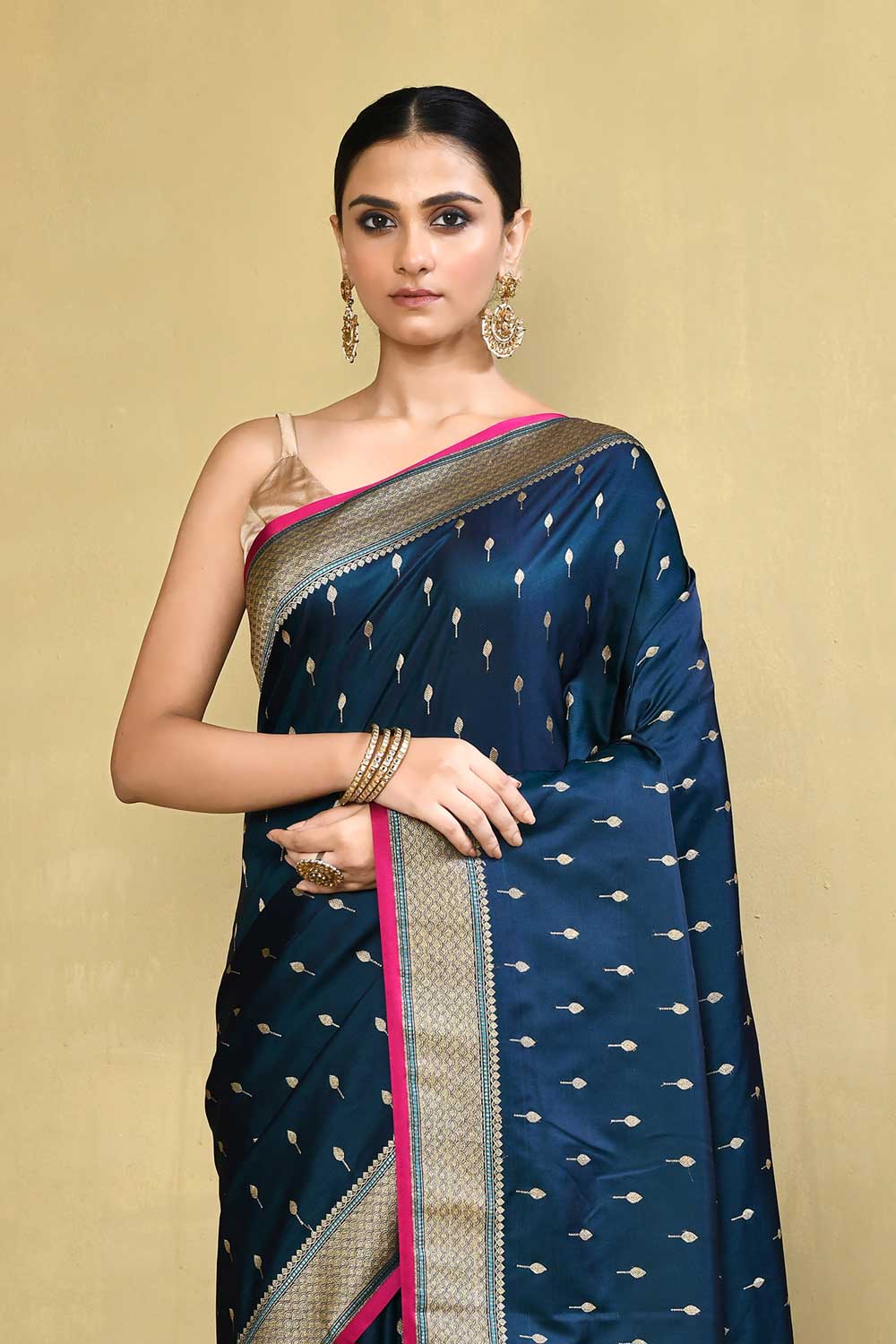 Saree With Handwoven boota and Border In Muted Gold Zari Saree With Handwoven boota and Border In Muted Gold Zari