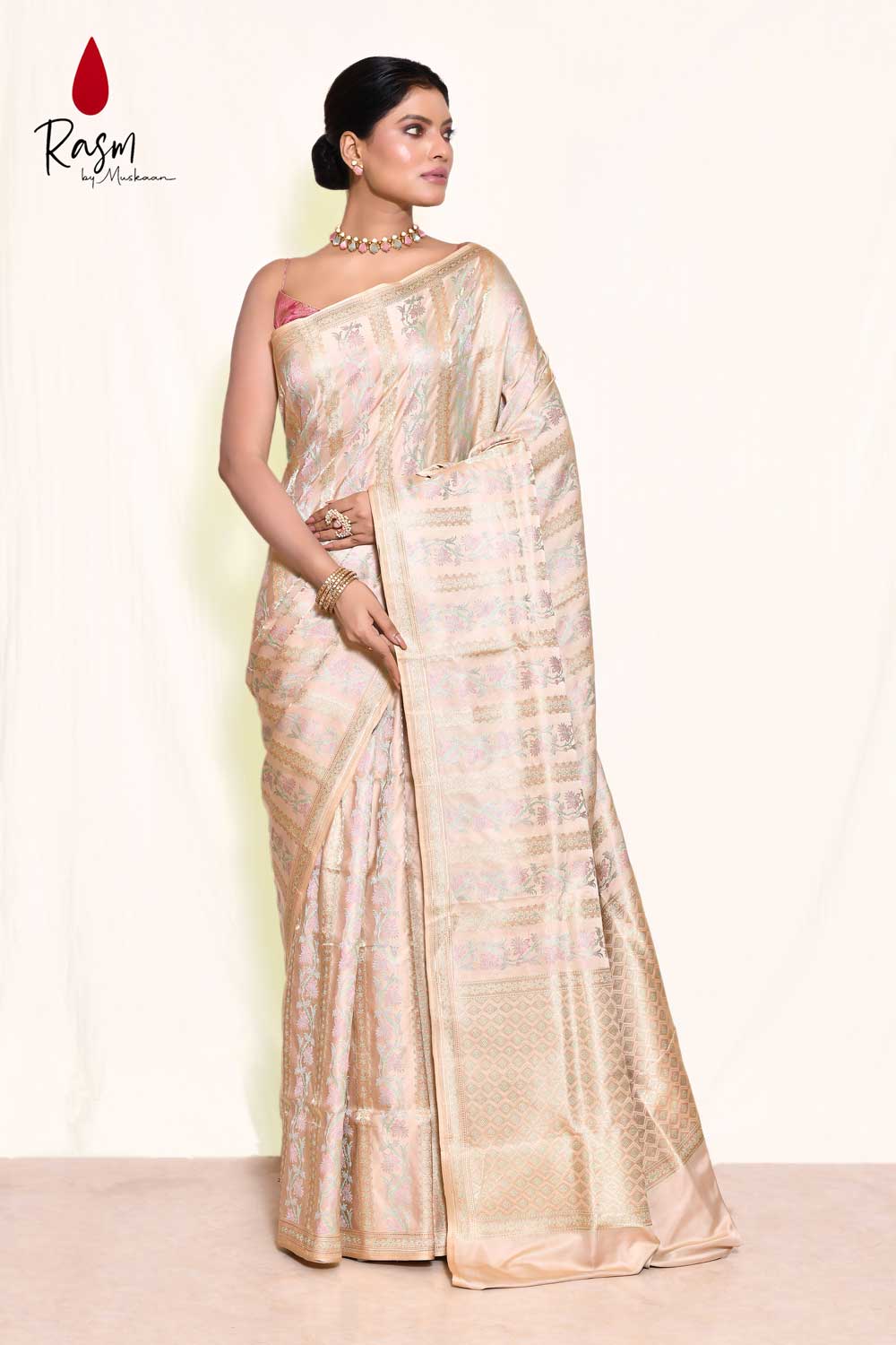Tussar-beige Jamawar Pure Katan Silk Banarasi Handloom Saree Tussar-beige Jamawar Pure Katan Silk Banarasi Handloom Saree