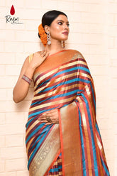 Tanchoi Banarasi Handloom Saree With Contemporary Stripe Pattern Design