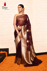 Wine Pure Kora Organza Banarasi Handloom Silk Saree With Gold Zari Kadhua Boota