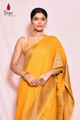 Mustard Pure Khaddi Georgette Silk Banarasi Handloom Saree With Antique Boota
