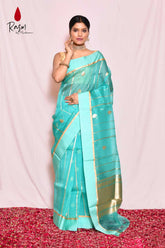 Tourquoise Pure Kora Organza Banarasi Handloom Silk Saree With Golden Striped Body And Kadhua Boota In Gold Zari With Silver Meenakari