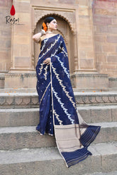 Navy Blue Pure Kora Organza Banarasi Silk Saree