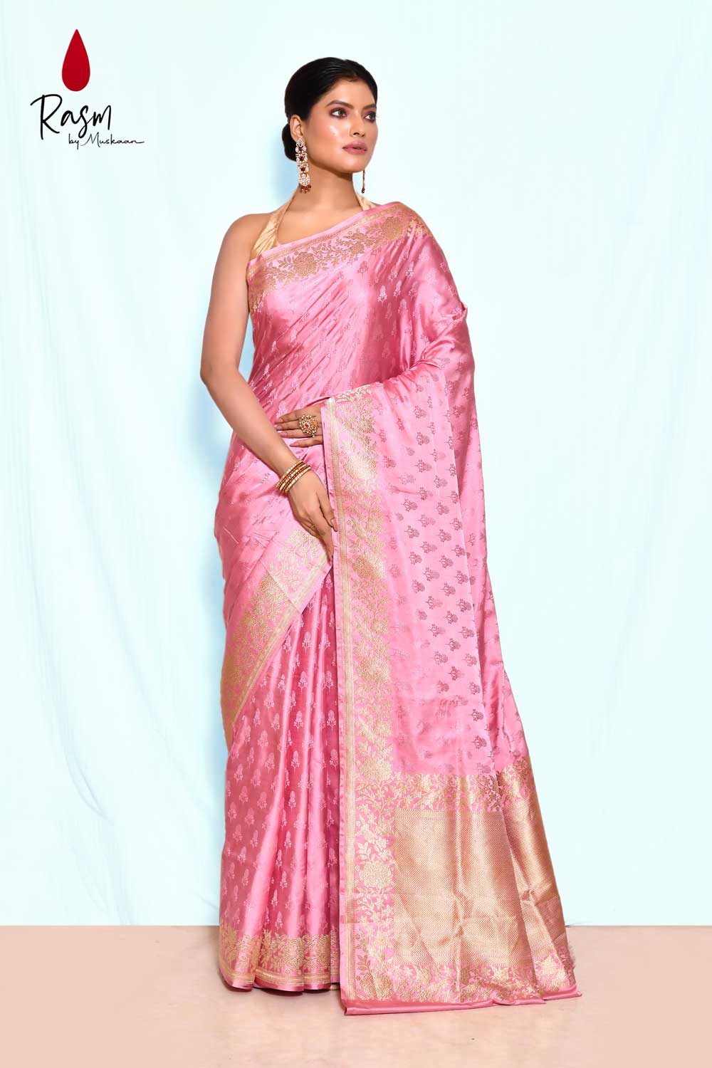 Pink Pure Katan Mushru Silk Banarasi Handloom Saree With Kadhua Border Pink Pure Katan Mushru Silk Banarasi Handloom Saree With Kadhua Border