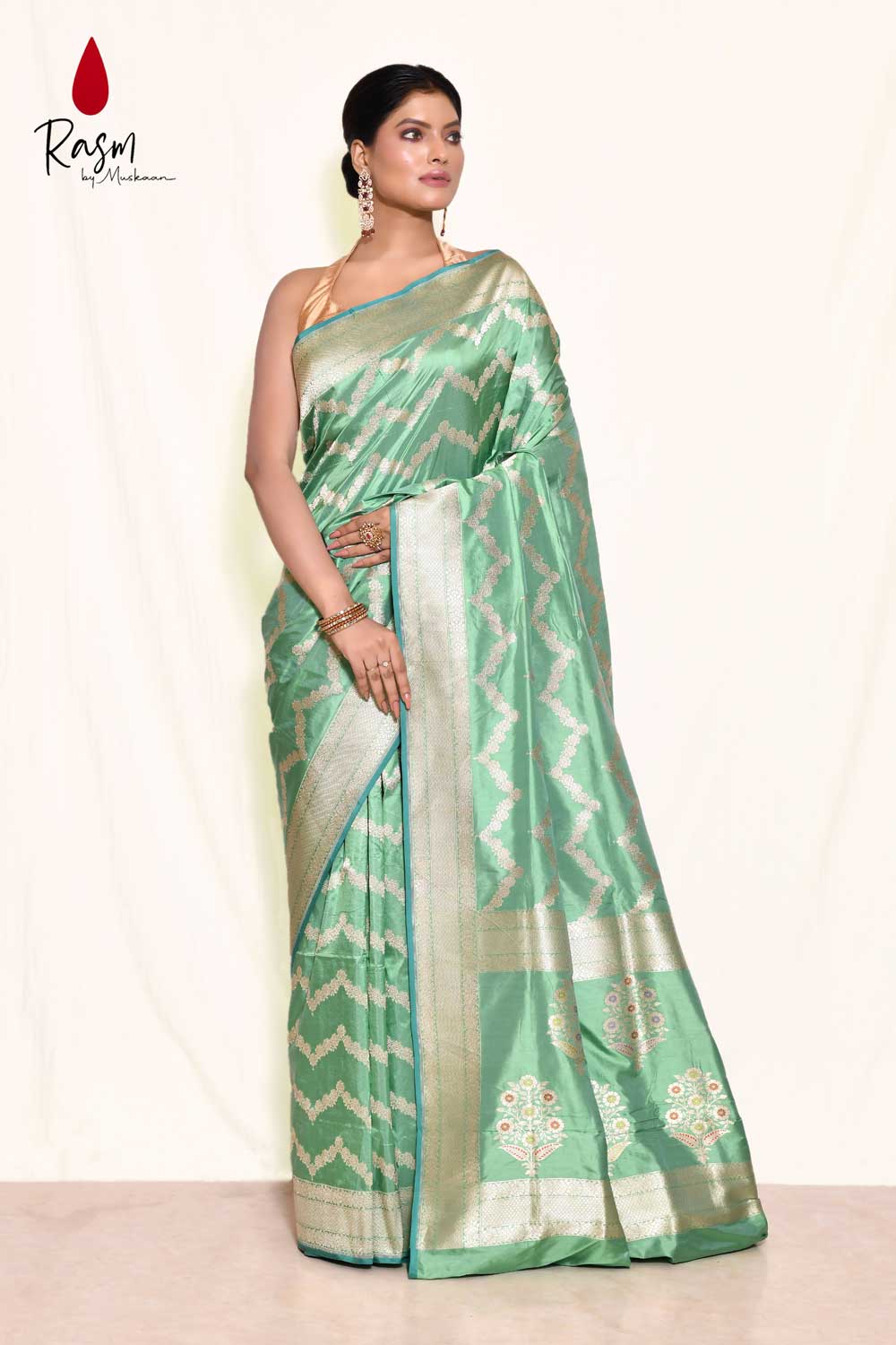 Sea Greenpure Katan Silk Banarasi Handloom Saree With Blouse Sea Greenpure Katan Silk Banarasi Handloom Saree With Blouse