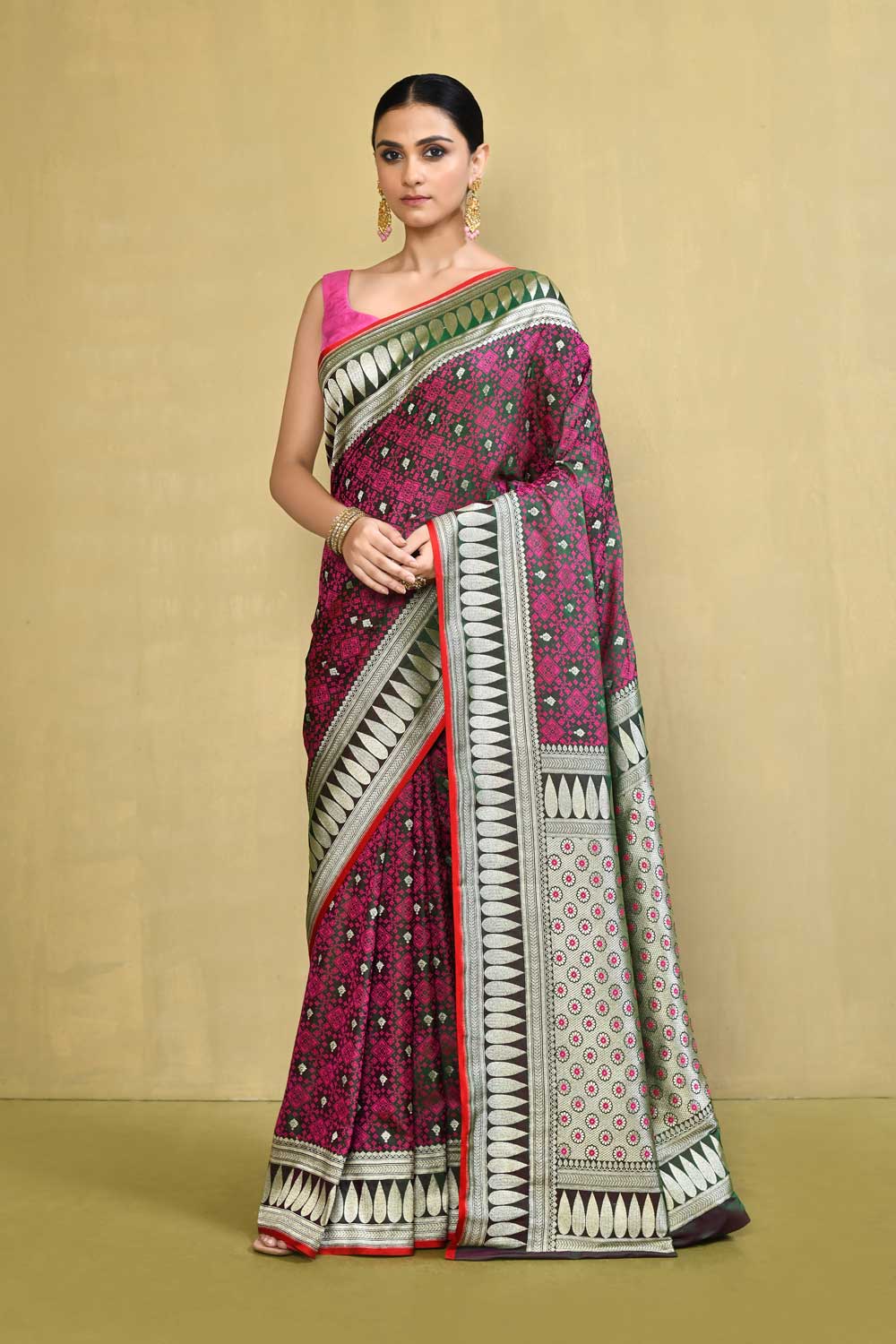 Green And Pink Handloom Reshmi Tanchoi Banarasi Saree With Handowoven Border