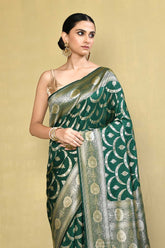 Green Banarasi Handloom Saree With Handwoven Jaal Pattern