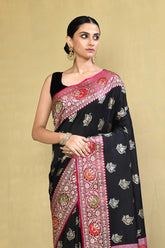 Black - Magenta Banarasi Handloom Saree with Contrast Meenakari Border