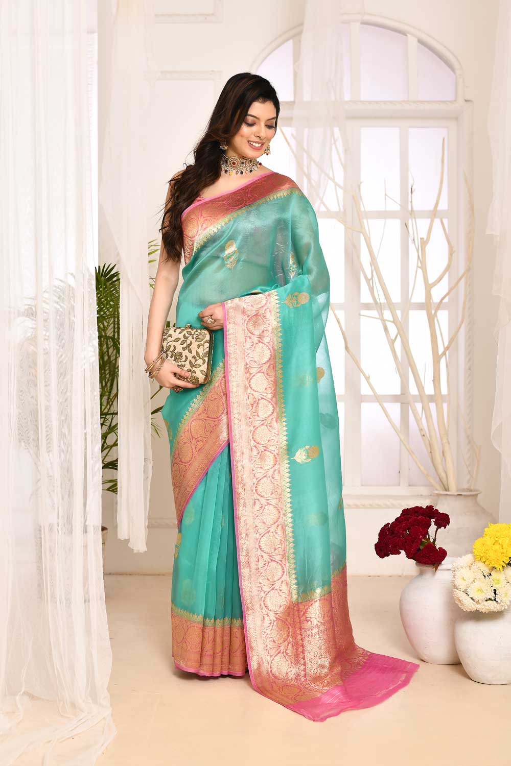 Sea Green Pure Kora Organza Banarasi Handloom Silk Saree Sea Green Pure Kora Organza Banarasi Handloom Silk Saree