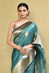 Blue-Green Pure Kora Organza Banarasi Handloom Silk Saree With Blouse