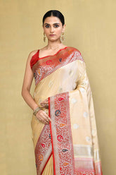 Tussar/ Beige - Red Banarasi Handloom Saree