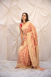 Peach Pure Khaddi Georgette Banarasi Handloom Saree With Allover Meenakari Jaal