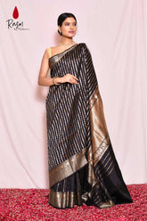 Black Pure Katan Silk Banarasi Handloom Saree With Ropa-Sona Stripe Pattern Design