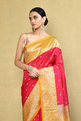 Red - Yellow Banarasi Handloom Saree With Contrast Border