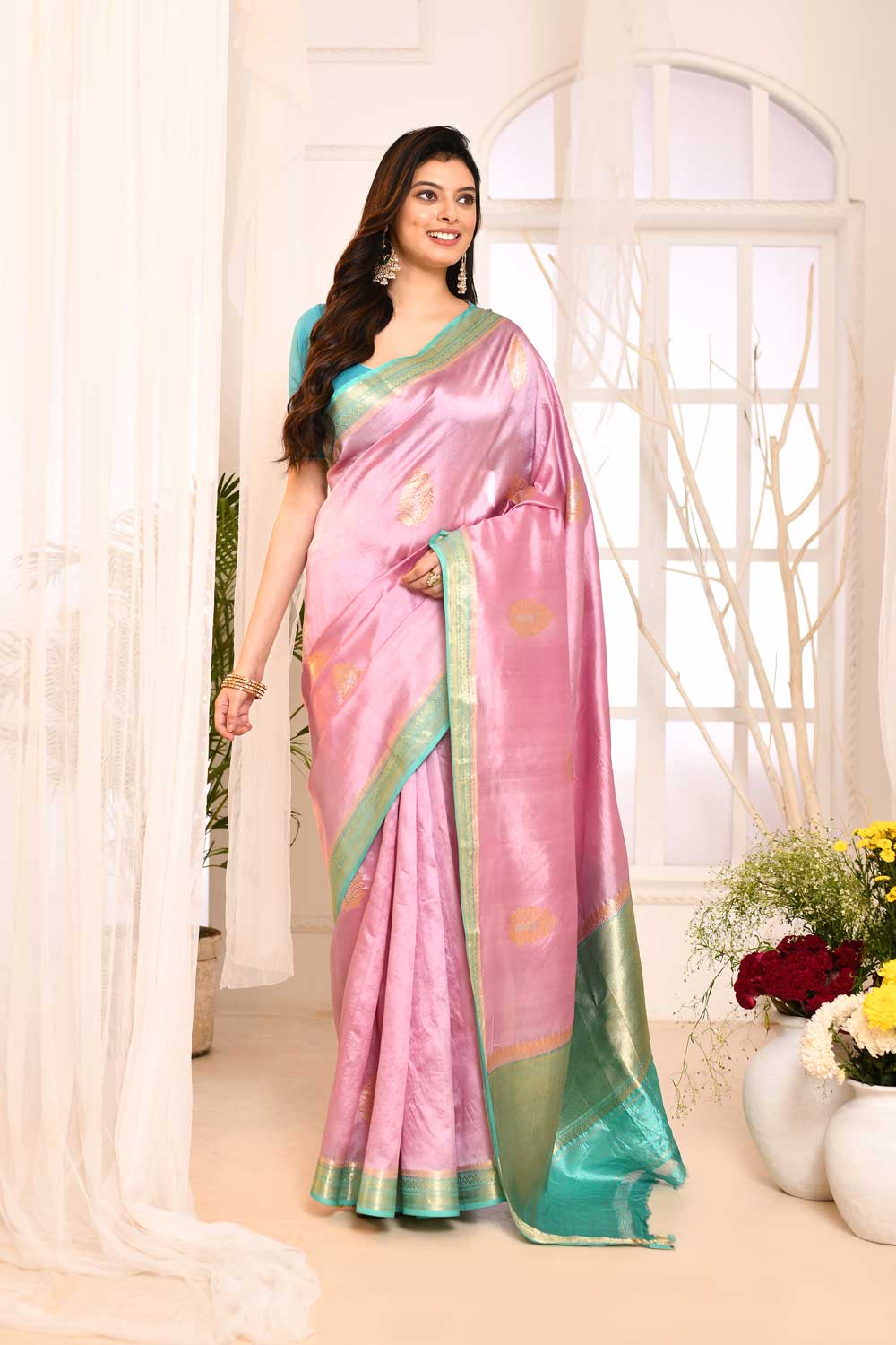 Pink Pure Katan Silk Banarasi Handloom Saree With Kadhua Boota Pink Pure Katan Silk Banarasi Handloom Saree With Kadhua Boota