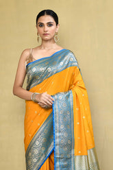 Yellow - Blue Banarasi Saree With Blouse
