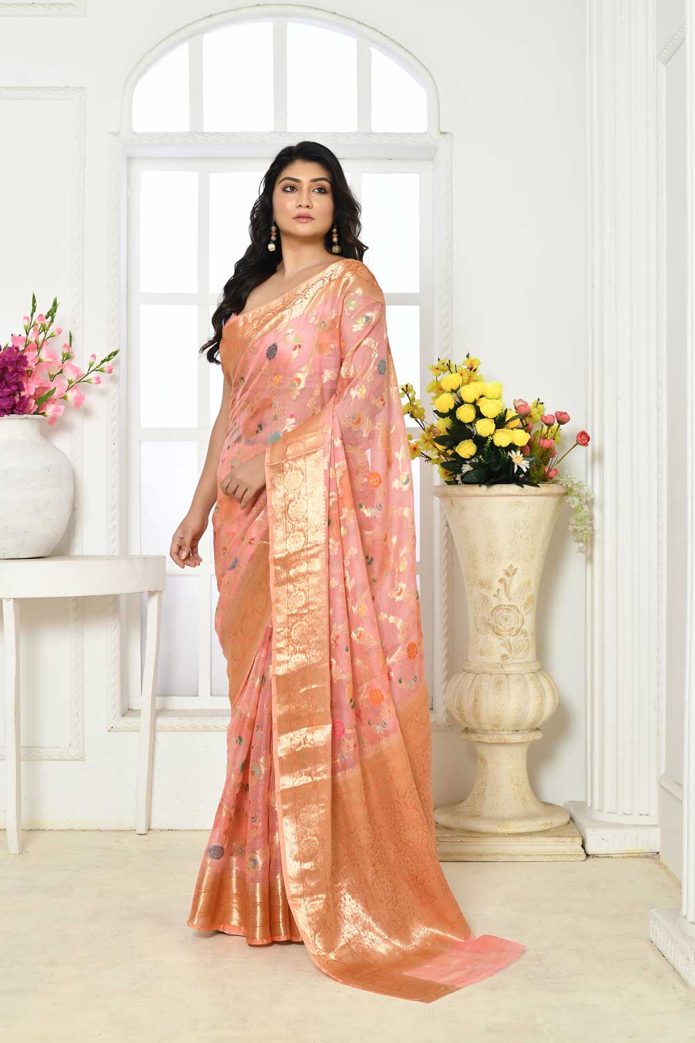 Peach Pure Kota Check Banarasi Handloom Saree With Meenakari Jaal Peach Pure Kota Check Banarasi Handloom Saree With Meenakari Jaal