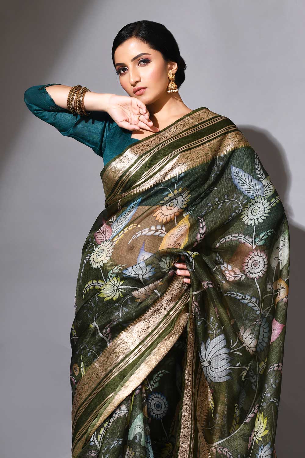 Olive Green Kalamkari Pure Kota Check Banarasi Handloom Saree Olive Green Kalamkari Pure Kota Check Banarasi Handloom Saree
