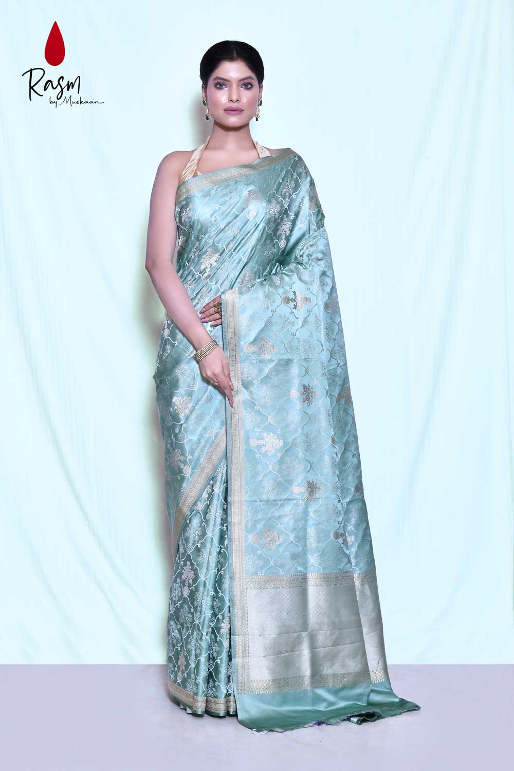 Sea Green Pure Katan Silk Banarasi Handloom Saree With Blouse Sea Green Pure Katan Silk Banarasi Handloom Saree With Blouse