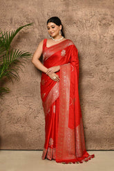 Red mushru satin banarasi handloom saree with meena boota