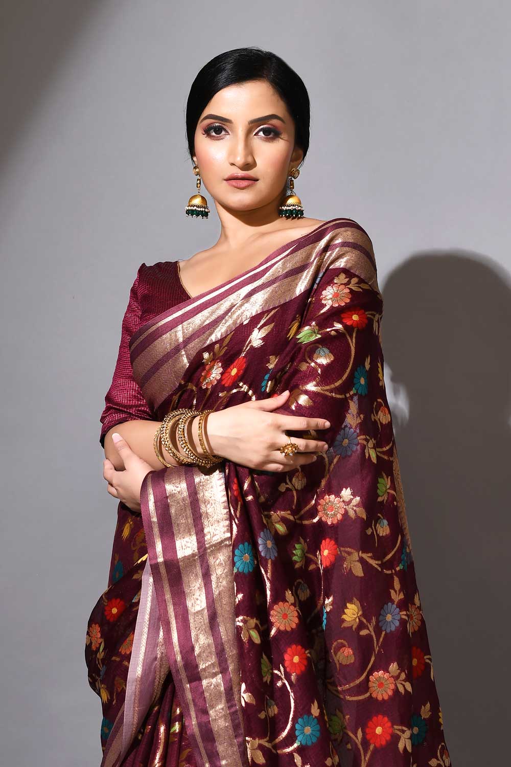 Deep Wine Pure Kota Check Banarasi Handloom Saree With Meenakari Jaal Deep Wine Pure Kota Check Banarasi Handloom Saree With Meenakari Jaal