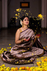 Deep Purple 'Shikargah' Pure Katan Silk Kadhua Banarasi Handloom Saree