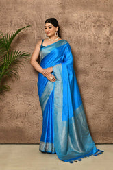 Dark Sky Blue Katan Mushru Satin Banarasi Handloom Saree With Allover  Booti