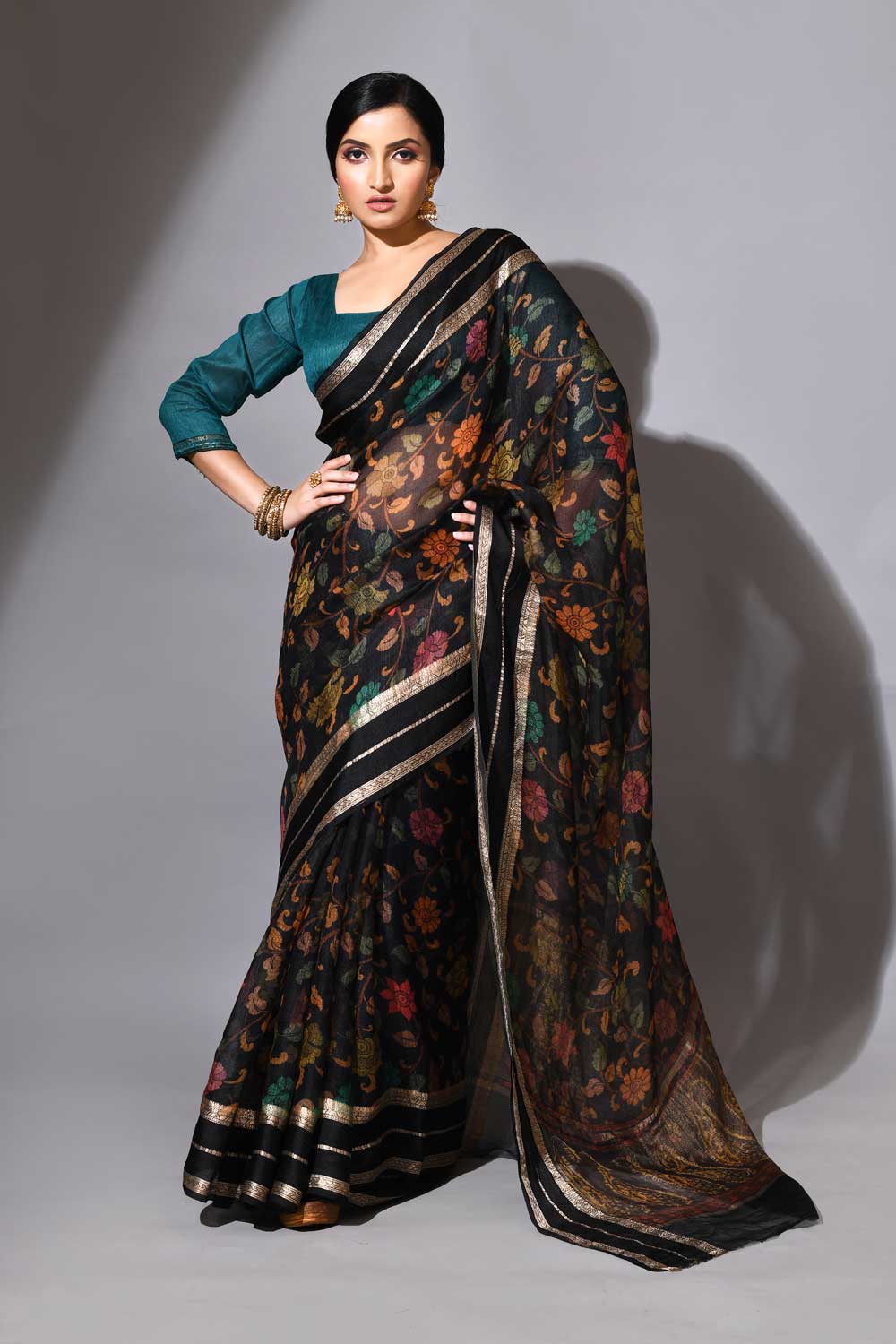 Black Kalamkari Pure Kota Check Banarasi Handloom Saree Black Kalamkari Pure Kota Check Banarasi Handloom Saree