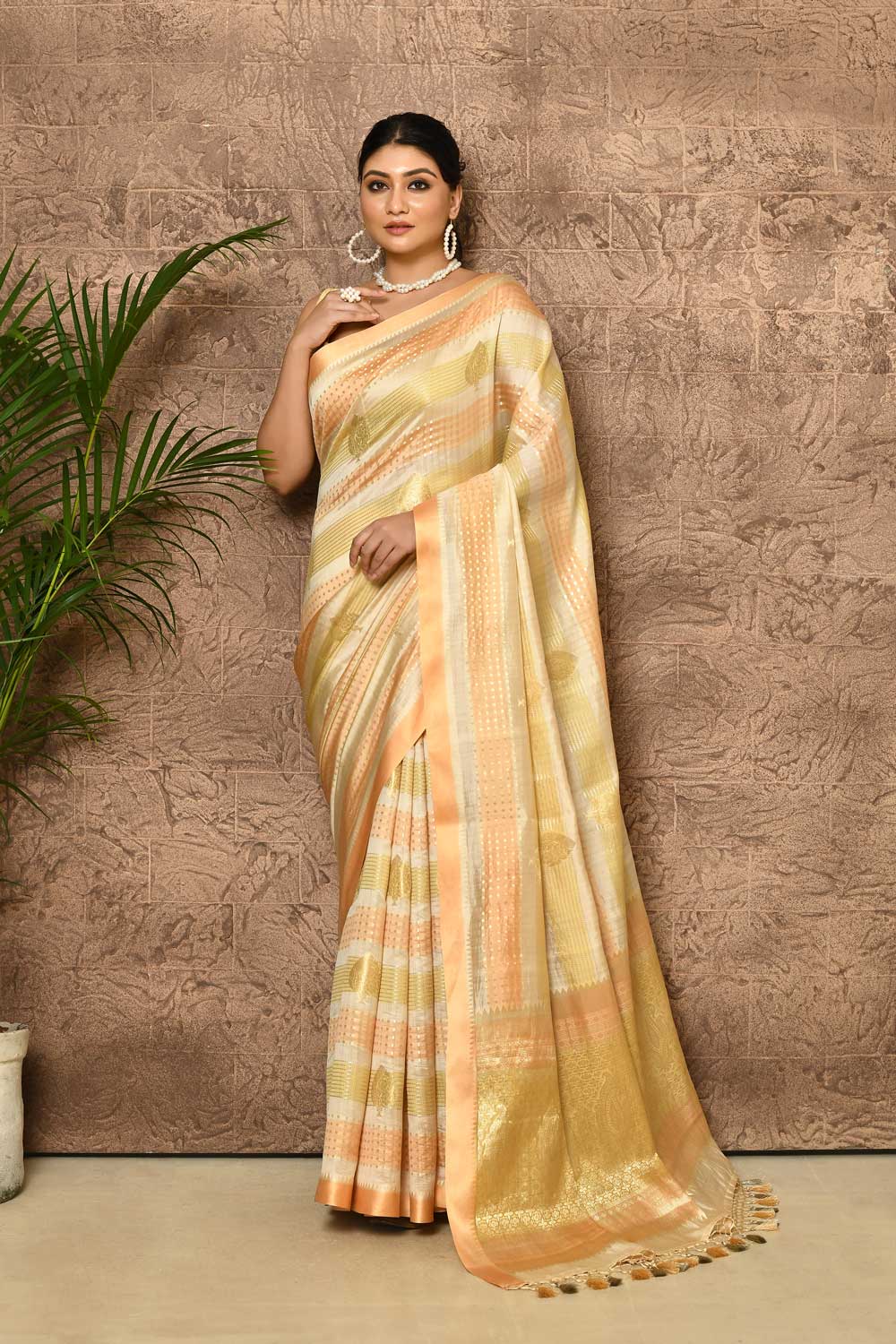 Rangkat Pure Katan Chiniya Silk Banarasi Handloom Saree With Multi Striped Body And Bordrr